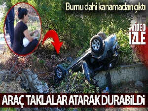 Takla atarak hurdaya dönen araçtan, burnu kanamadan çıktı