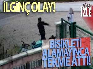 Bisikleti alamayınca tekme attı, o onlar güvenlik kamerasına yansıdı