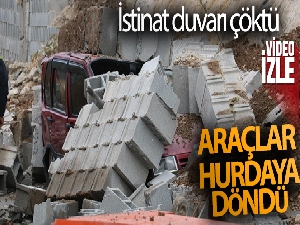 İstinat duvarı çöktü iki araç hurdaya döndü