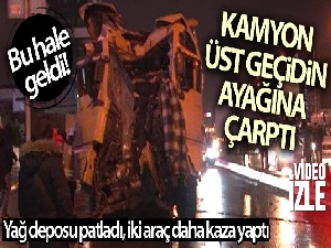 Beylikdüzü'nde hafriyat kamyonunun üst geçidin ayağına çarptığı anlar kamerada