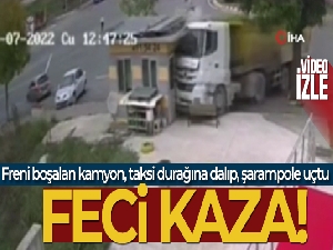 Freni boşalan kamyon, taksi durağına dalıp, şarampole uçtu