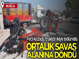 Ortalığın savaş alanına döndüğü kazada traktör ikiye bölündü