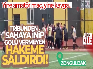Tribünden sahaya inip golü vermeyen hakeme saldırdı
