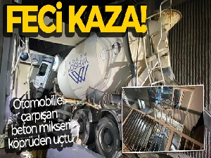 Otomobille çarpışan beton mikseri 10 metre yükseklikteki köprüden uçtu: 3 yaralı