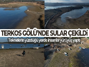 Terkos Gölü'nde sular çekildi, teknelerin yüzdüğü yerde insanlar yürüyüş yaptı