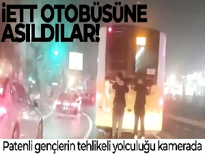 Pendik'te İETT otobüsüne asılan patenli gençlerin tehlikeli yolculuğu