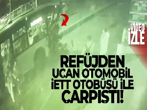 Ümraniye'de refüjden uçan otomobilin İETT otobüsü ile çarpıştığı kaza kamerada