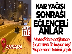 Kar yağışı sonrası eğlenceli anlar: Motosiklete ip bağlayıp karda kaydı