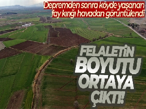 Depremden sonra köyde yaşanan fay kırığı havadan görüntülendi