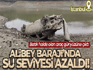 Alibeyköy Barajı'nda su seviyesi azalınca batık halde olan araç su yüzeyine çıktı