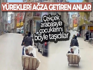 Motosiklete bağladıkları çekçek arabasıyla çocuklarını böyle taşıdılar