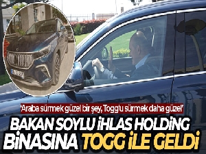 İçişleri Bakanı Soylu, İhlas Holding binasına Togg ile geldi