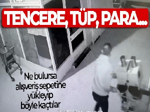 Tencere, tüp, para...Ne bulursa alışveriş sepetine yükleyip böyle kaçtılar