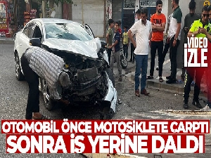 Otomobil önce motosiklete çarptı sonra iş yerine daldı