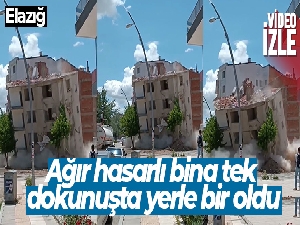 Ağır hasarlı bina tek dokunuşta yerle bir oldu