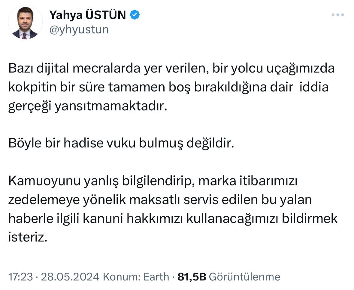 THY’de uçağın kokpitinin bir süre boş kaldığı iddiası gündeme oturdu