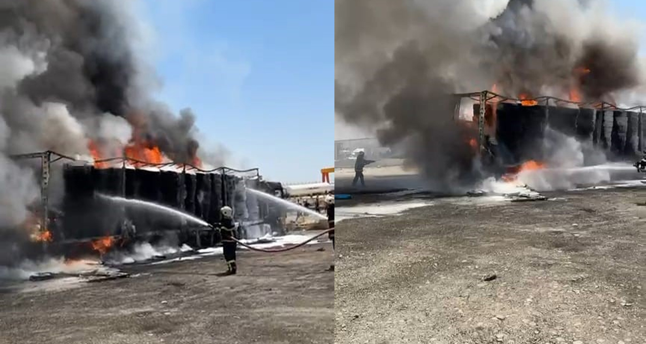 Gaziantep’te lastik yüklü tır alev alev yandı