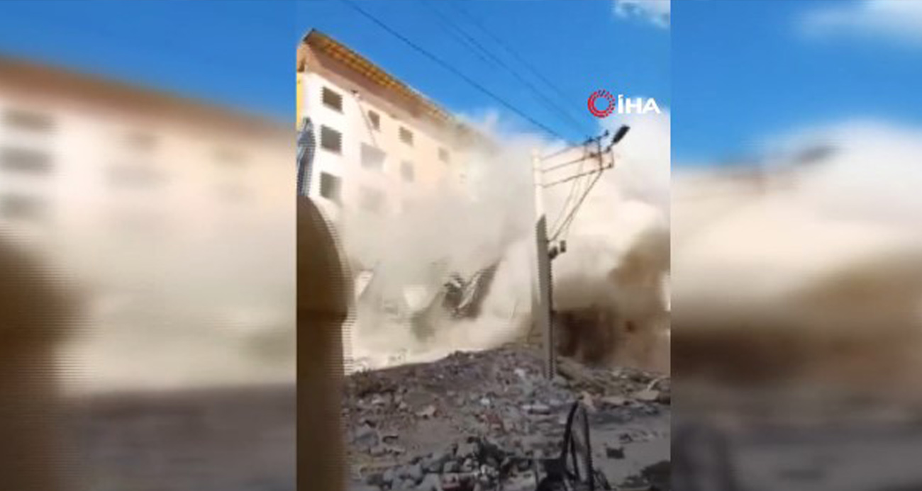 İş makinesinin tek darbesi, ağır hasarlı binayı yerle bir etti