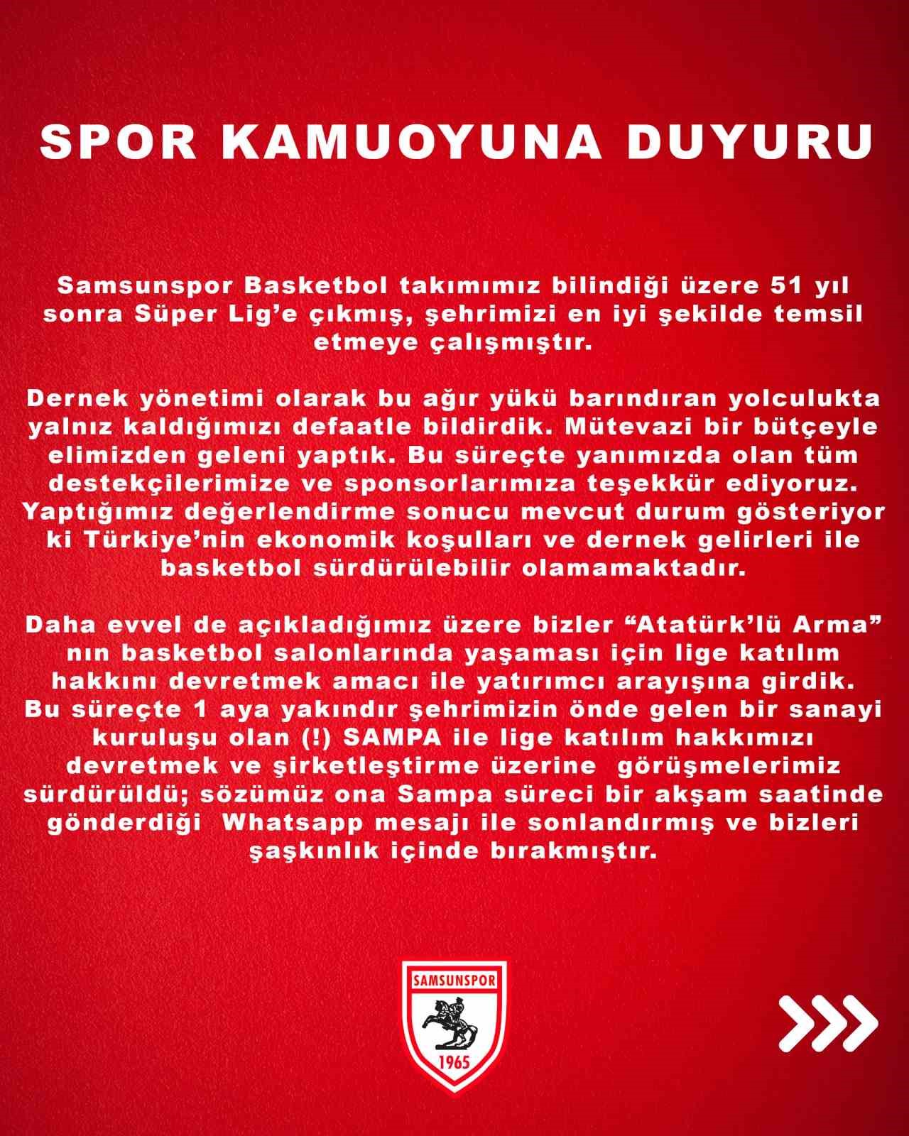 Samsunspor’dan SAMPA’ya tepki: “Bizleri şaşkınlık içinde bıraktı”