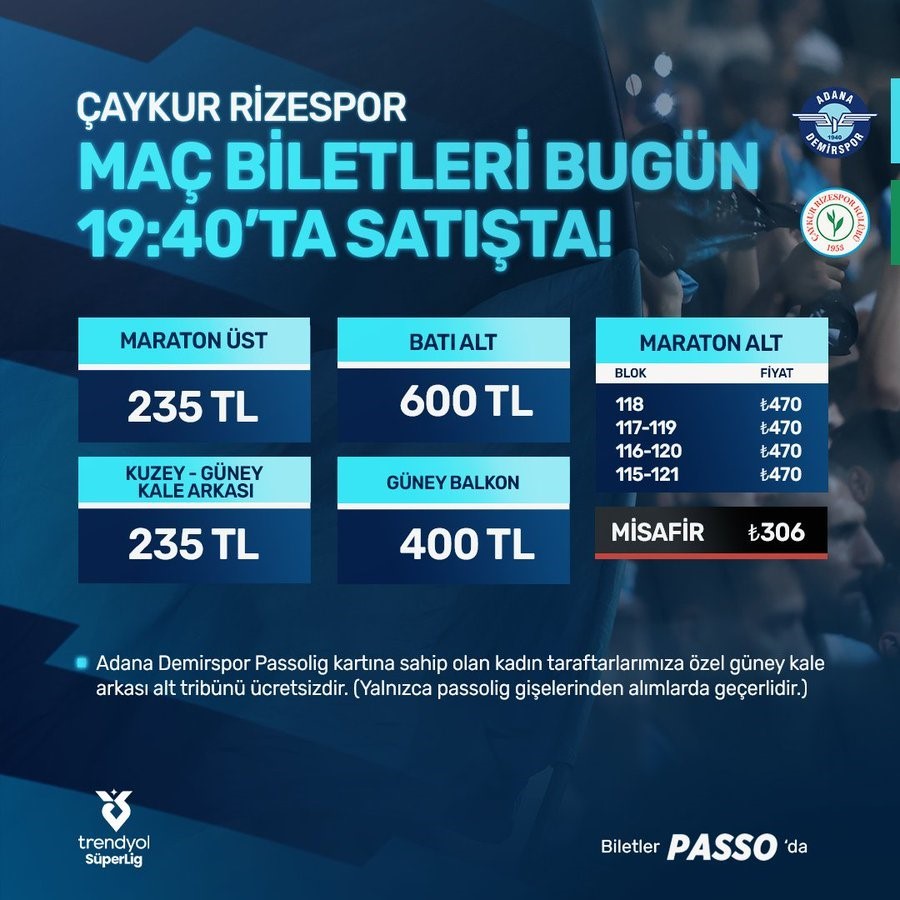 Adana Demirspor - Çaykur Rizespor  maçının biletleri satışa çıktı