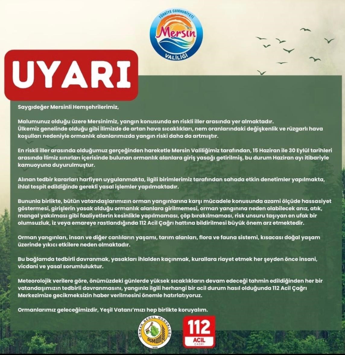 Vali Pehlivan, vatandaşları orman yangınlarına karşı duyarlı olmaya çağırdı