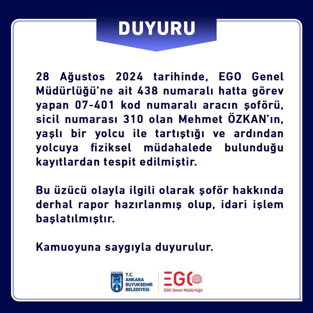 Ankara’da yolcuyu darp eden otobüs şoförü hakkında işlem başlatıldı