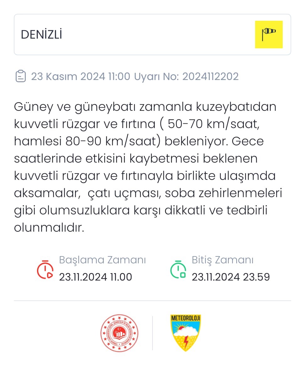 Denizli’ye kuvvetli rüzgar ve fırtına uyarısı