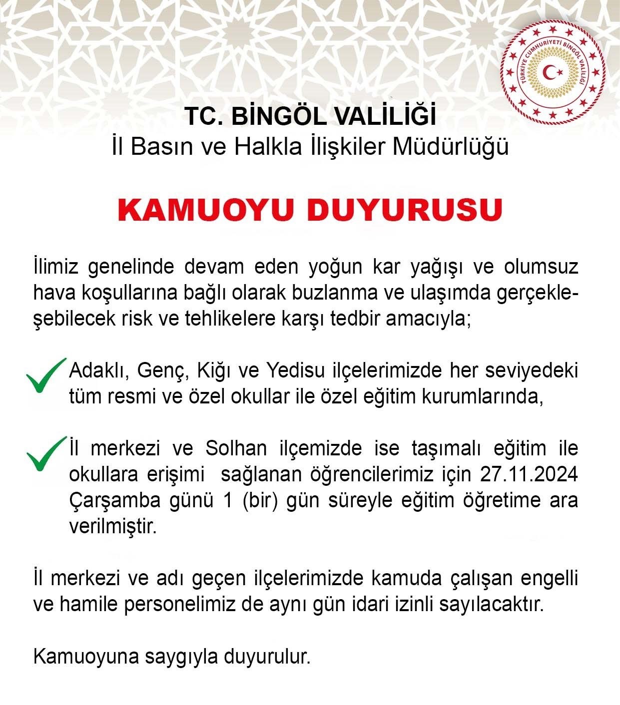 Bingöl’ün 4 ilçesinde okullar yarın tatil edildi