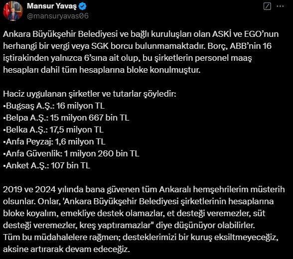 Ankara Büyükşehir Belediye Başkanı Yavaş’tan ’hesaplara bloke’ açıklaması