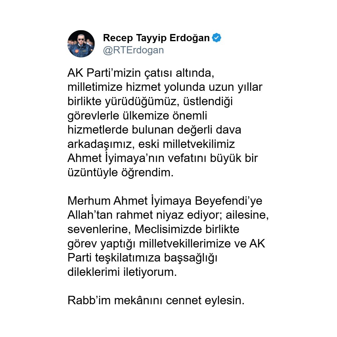 Cumhurbaşkanı Erdoğan’dan Ahmet İyimaya’nın vefatı üzerine taziye mesajı