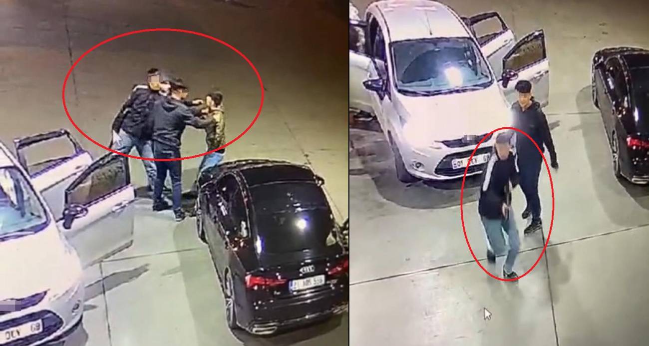 Akaryakıt istasyonunda silahlı grubun genci darbederek araca bindirdiği anlar kamerada