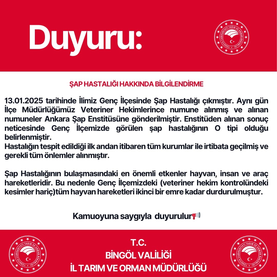 Genç ilçesinde şap karantinası