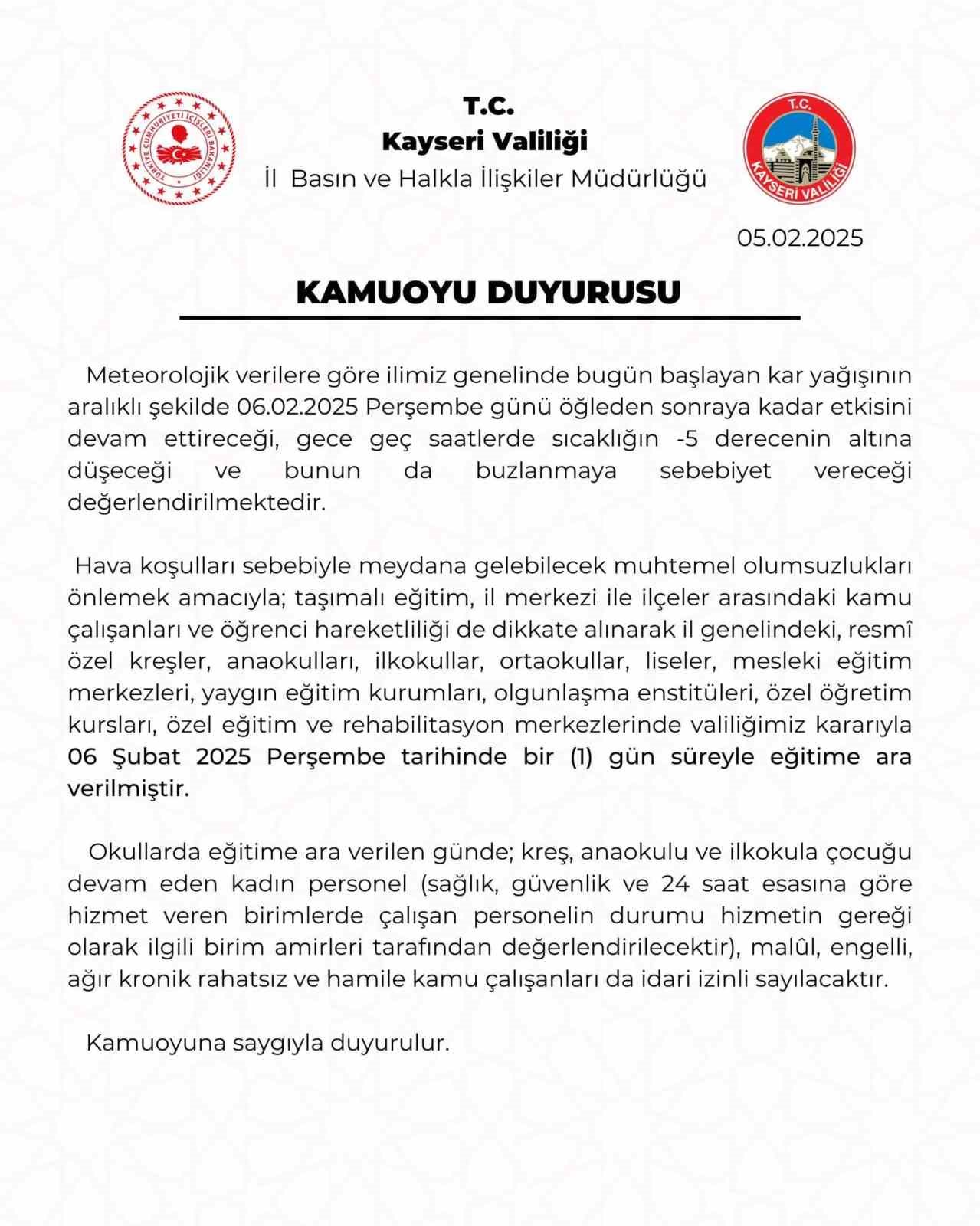 Kayseri’de eğitime kar engeli