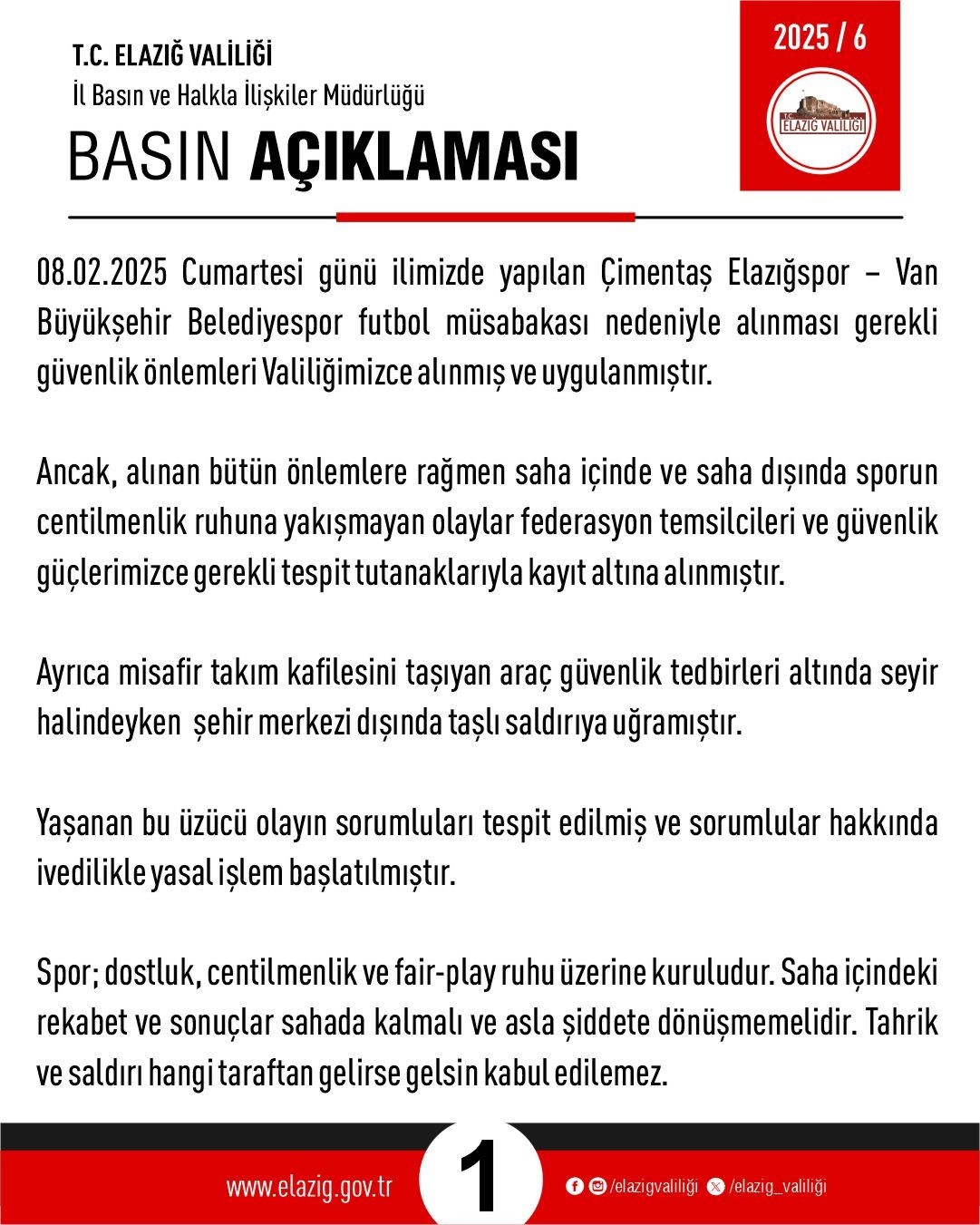 Elazığ Valiliği’nden maç sonrası açıklama