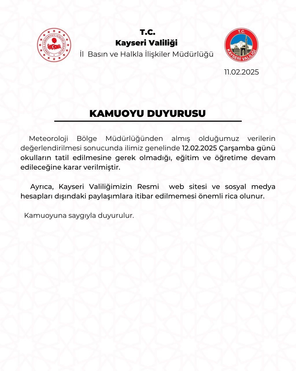 Kayseri’de eğitime kar tatili yok