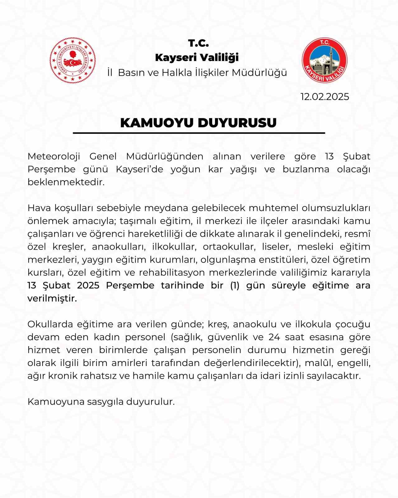 Kayseri’de eğitime kar engelli