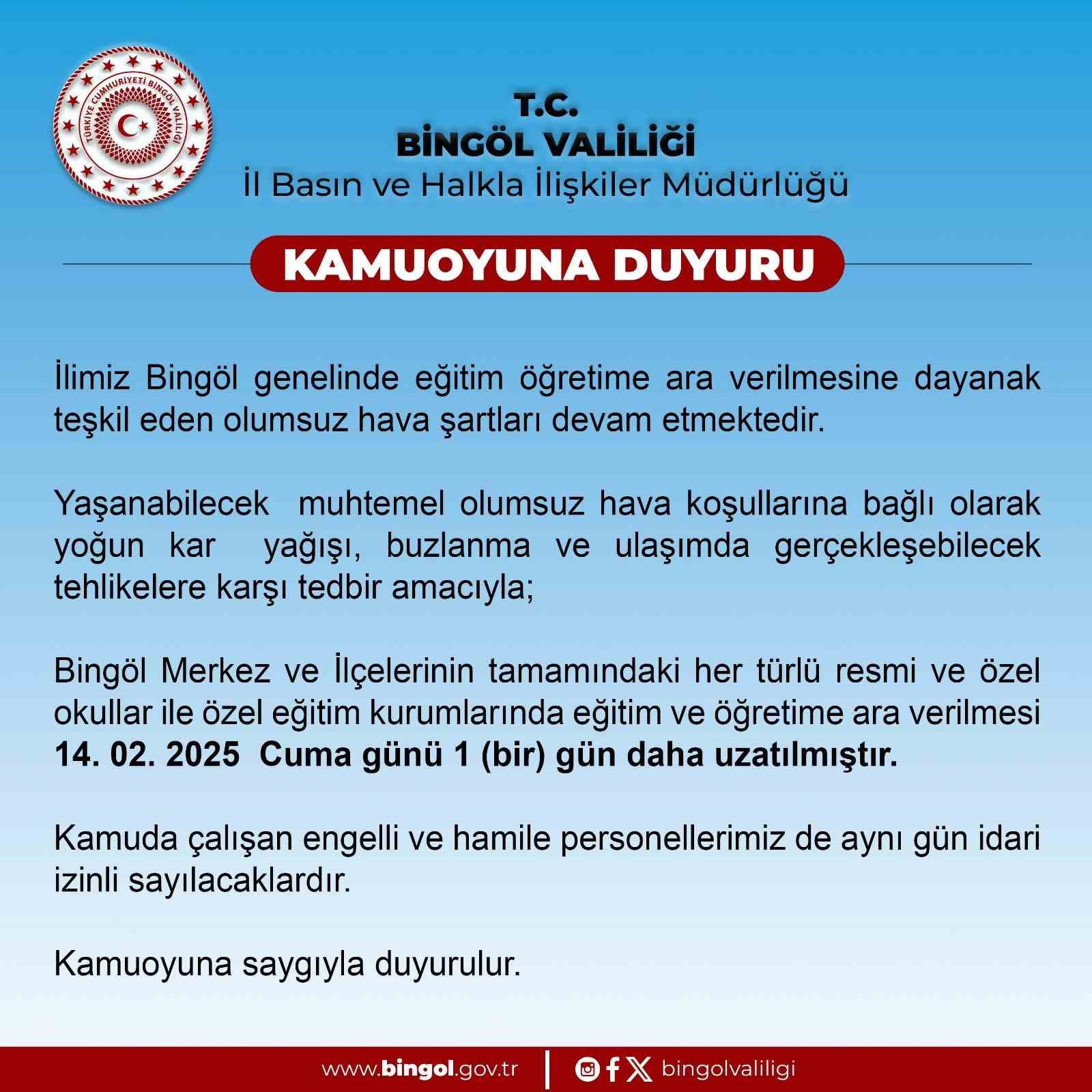 Bingöl’de okullara kar tatili