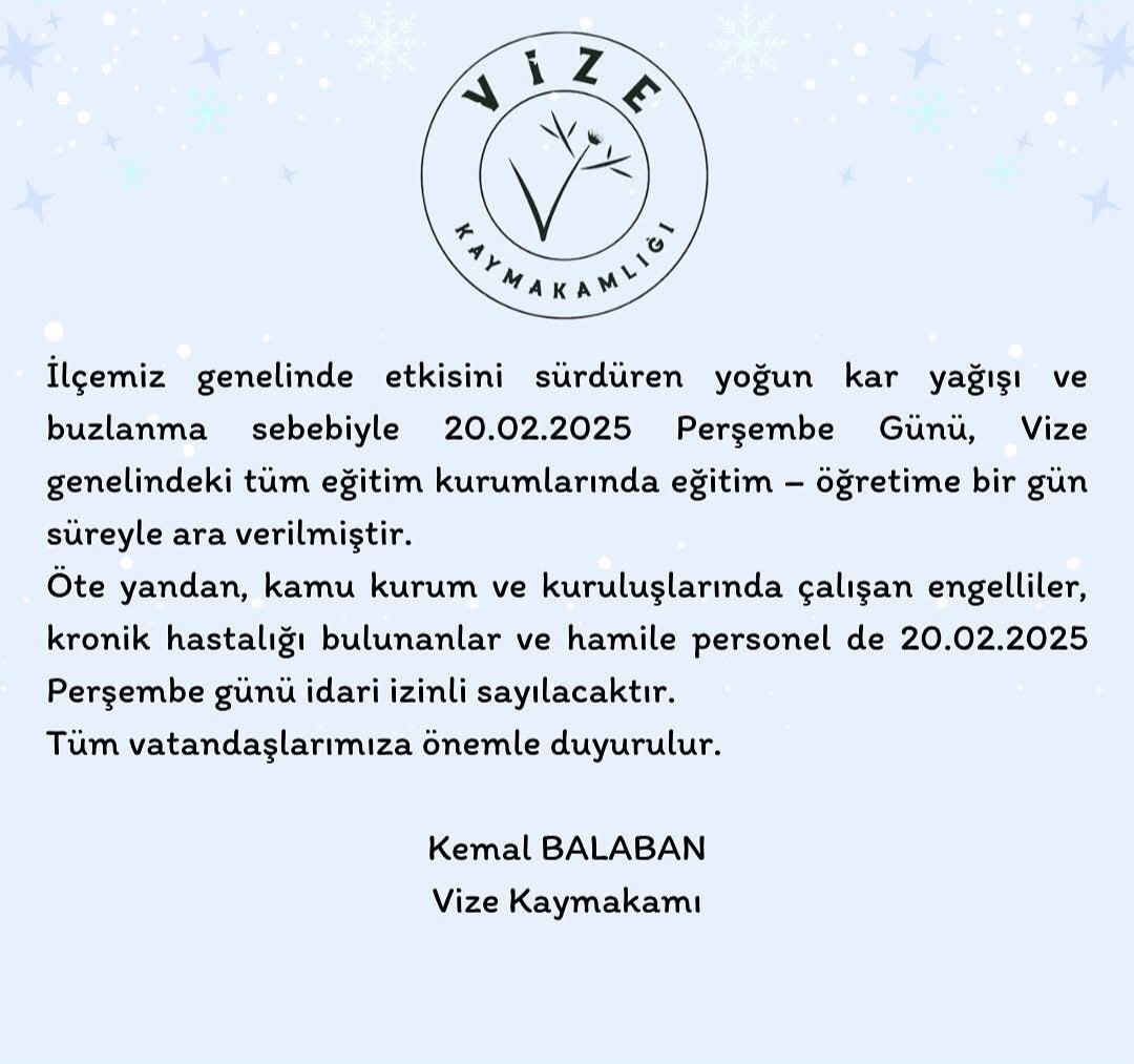Vize’de okullar kar sebebiyle tatil edildi