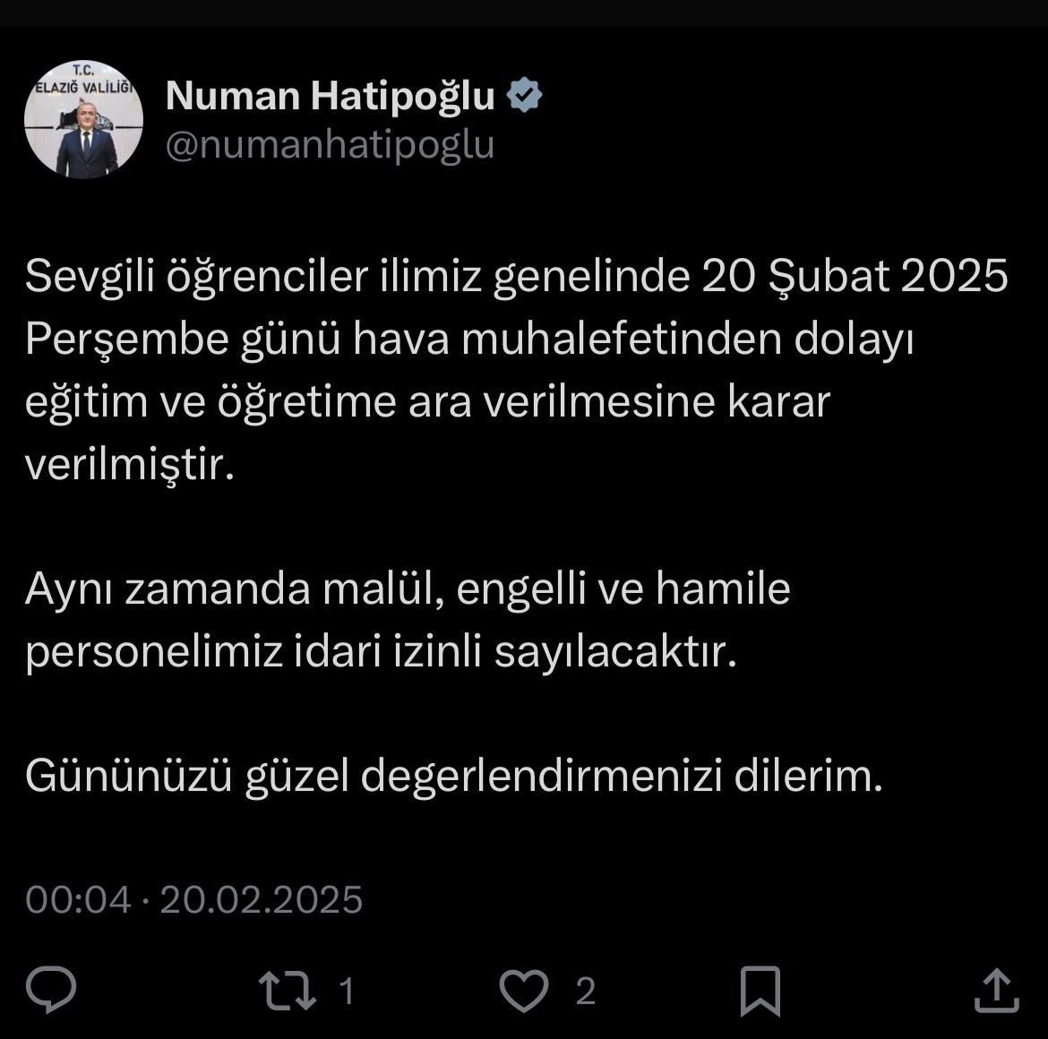 Elazığ’da eğitime ara verildi