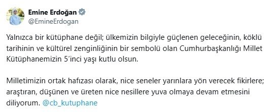 Emine Erdoğan, Cumhurbaşkanlığı Millet Kütüphanesi’nin 5’inci yılını kutladı