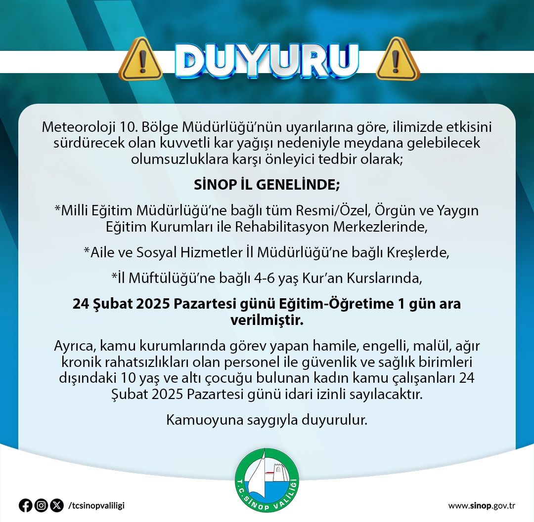 Sinop’ta eğitime kar engeli