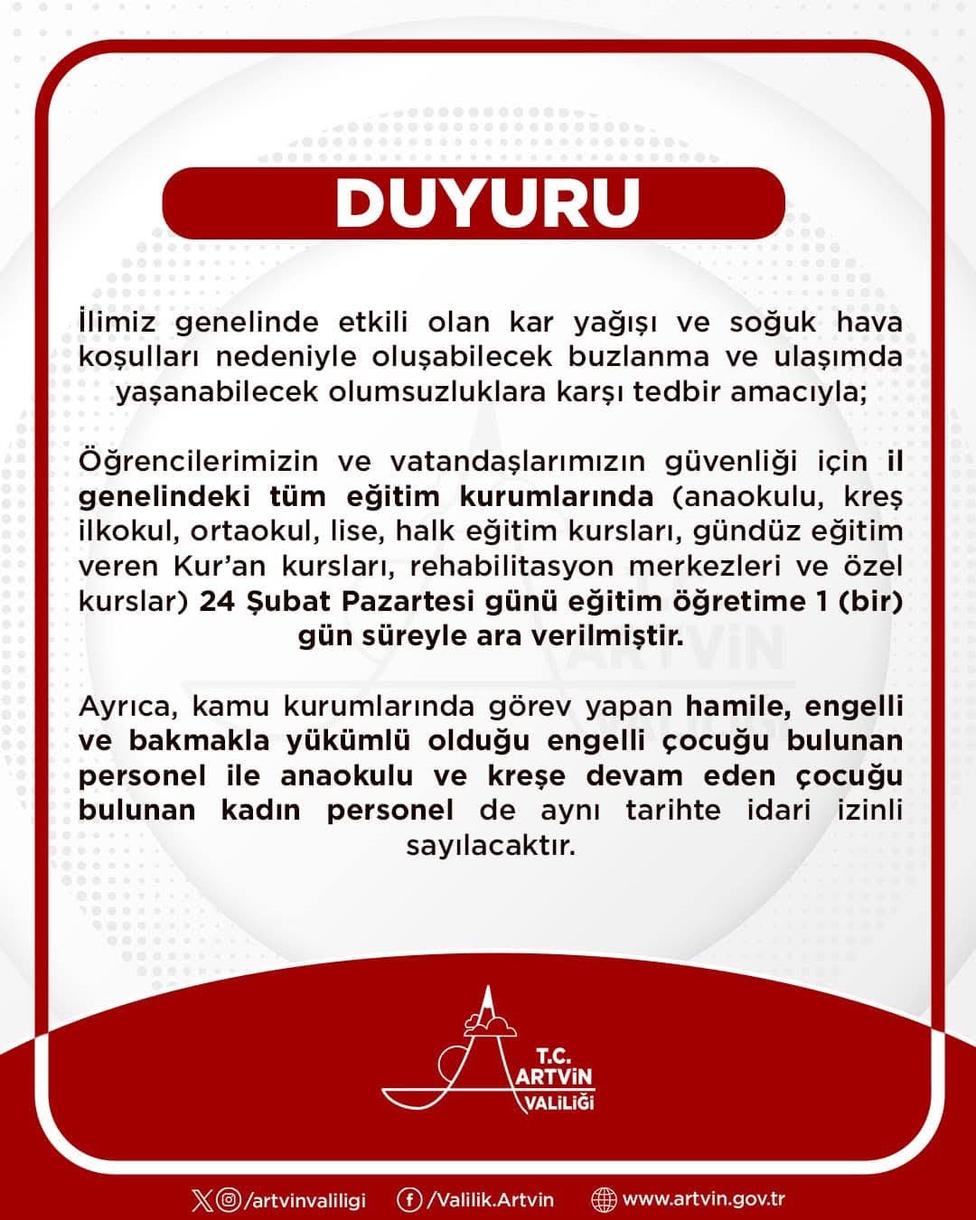 Artvin’de eğitime kar engeli