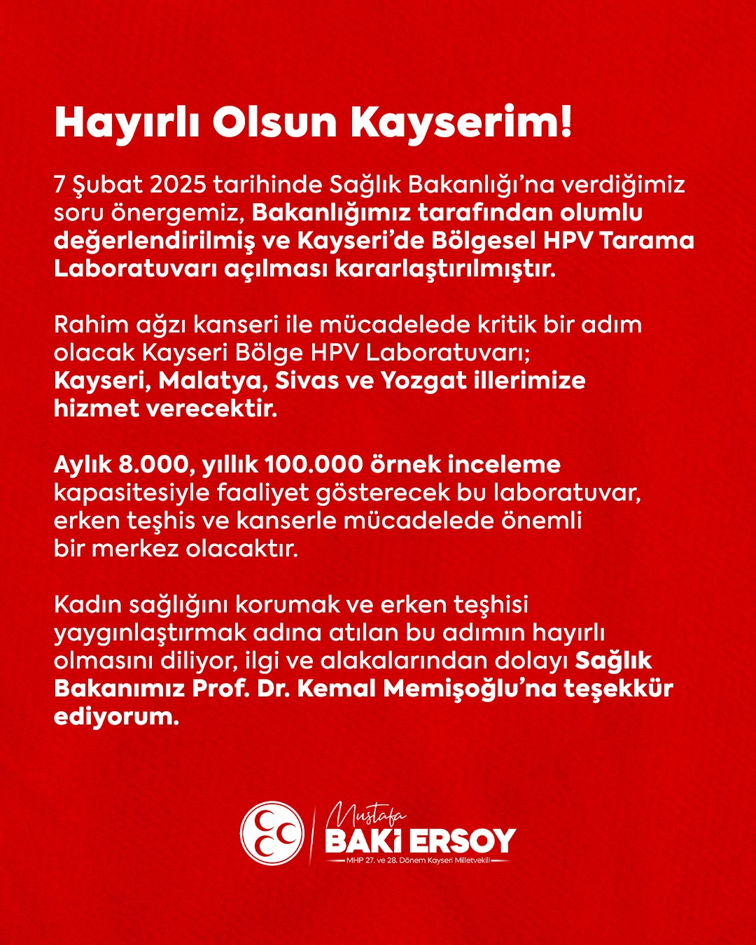 MHP’li Ersoy’dan Kayseri’ye bir müjde daha