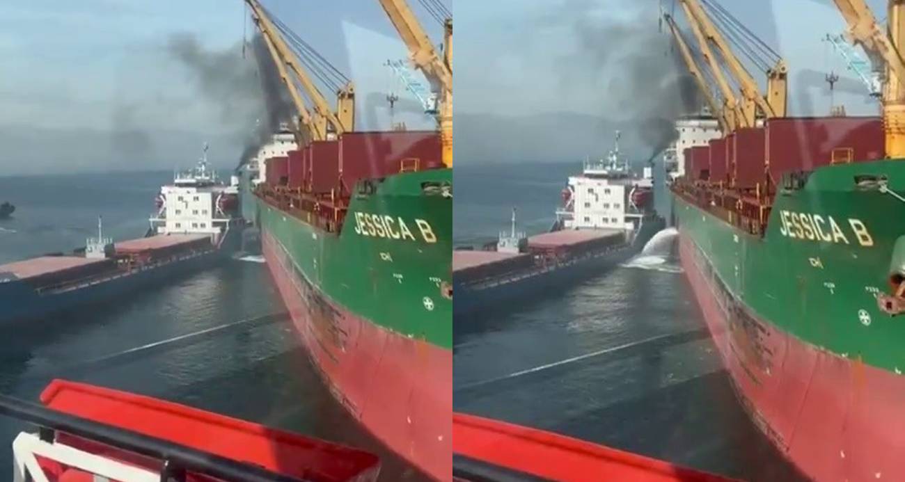 Limandan çıkan gemi, başka bir gemiye çarptı... O anlar kamerada