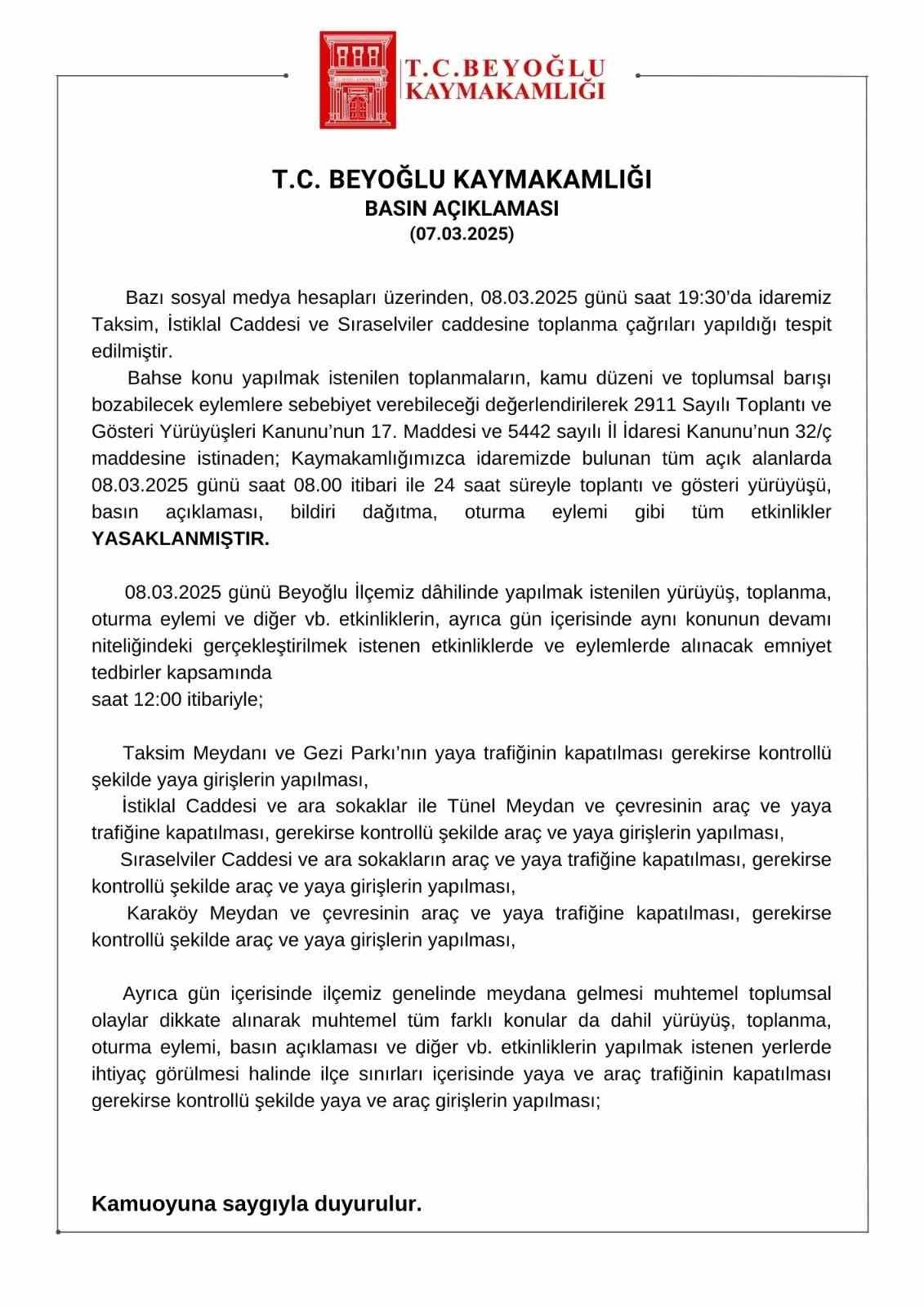 Beyoğlu Kaymakamlığı’ndan 8 Mart kararı: 