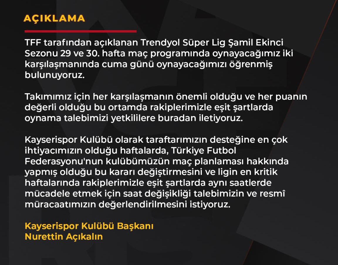 Kayserispor, Hatayspor maçının saatinde değişiklik istedi