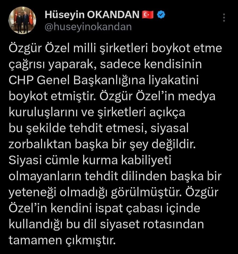 AK Parti Kayseri İl Başkanı Okandan’dan Özel’e 