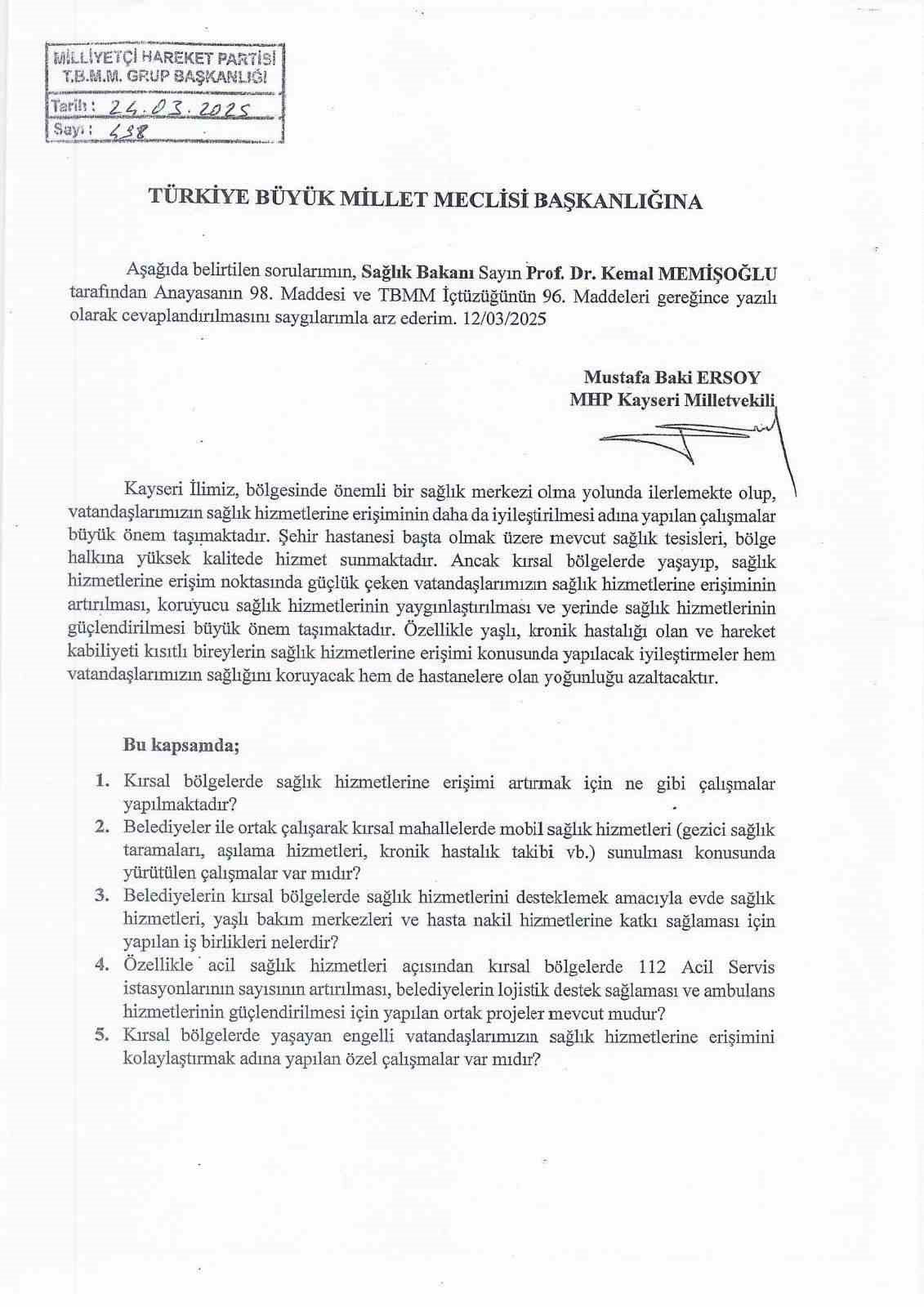 MHP’li Ersoy’dan sağlık hizmeti soru önergesi