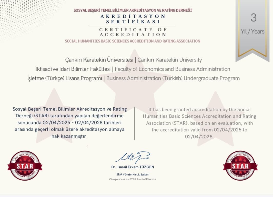 Çankırı Karatekin Üniversitesi’ndeki bir bölüme 3 yıllık akreditasyon belgesi