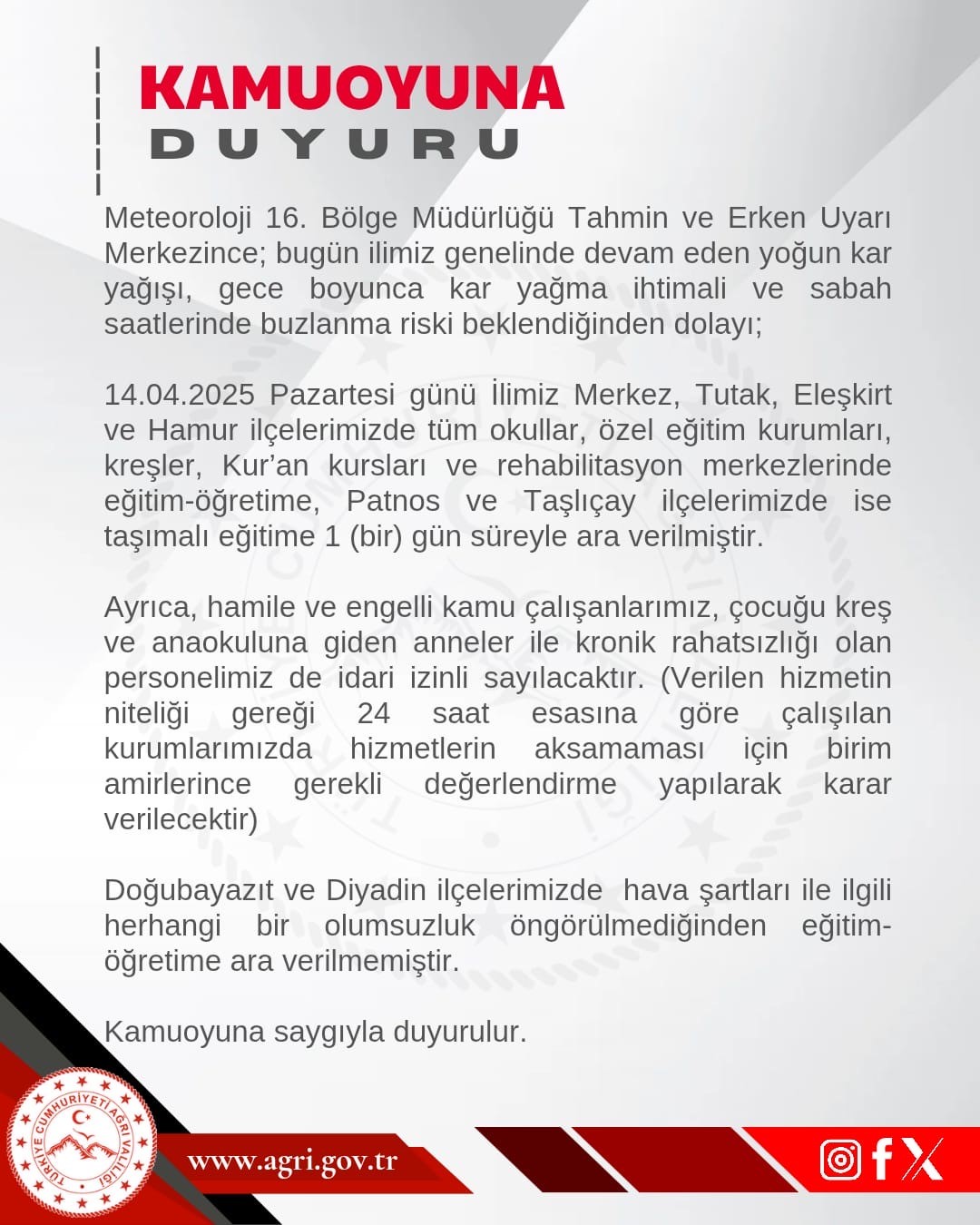 Ağrı’da eğitime ara